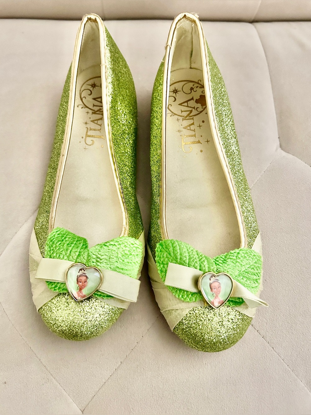 Disney Tiana Sparkling Lime Green Ballet Flats with Gold Trim